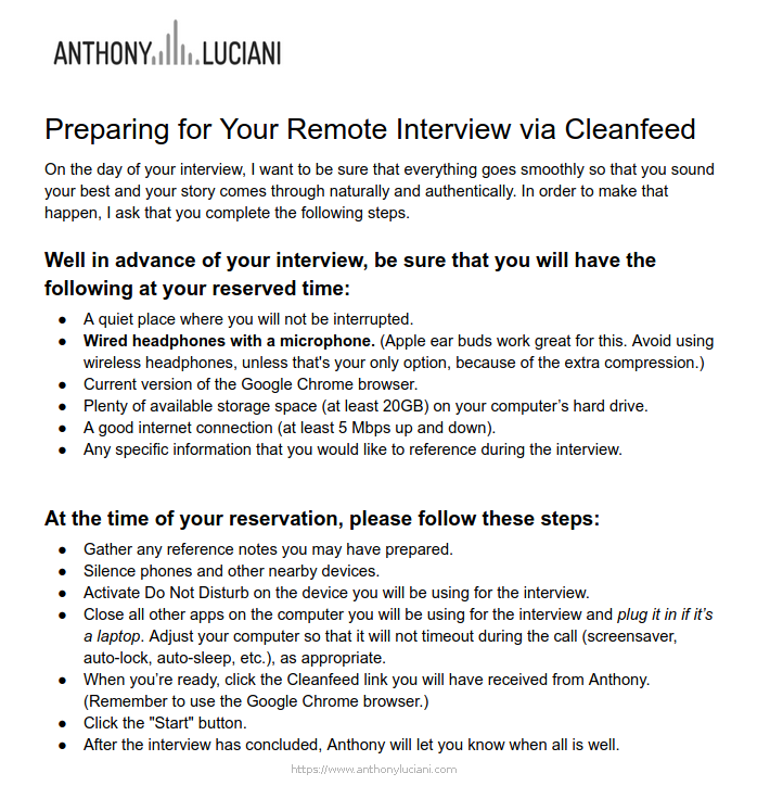 Cleanfeed instructions, courtesy of Anthony Luciani